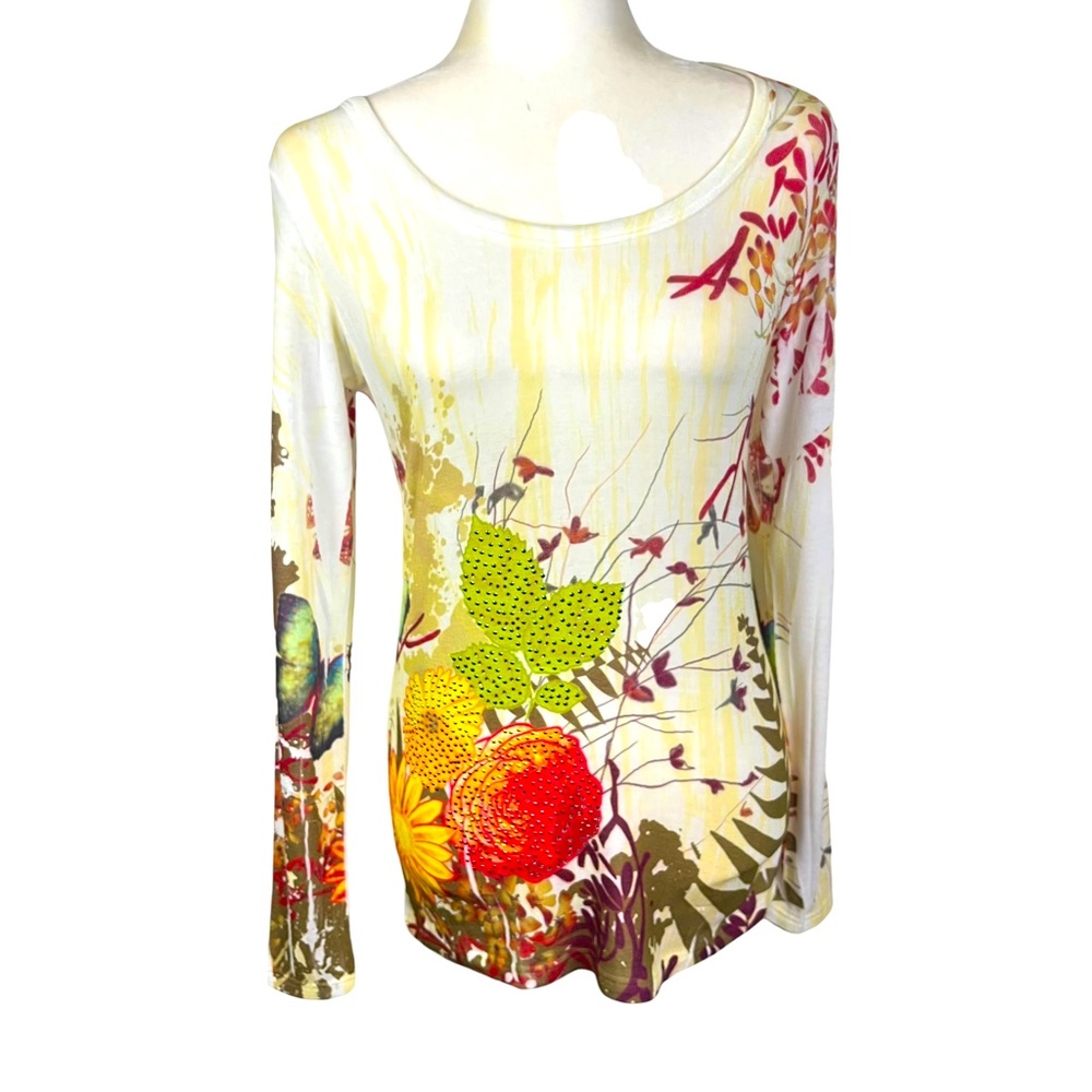 Cache Ivory Floral Print Beaded Knit Top-NWT